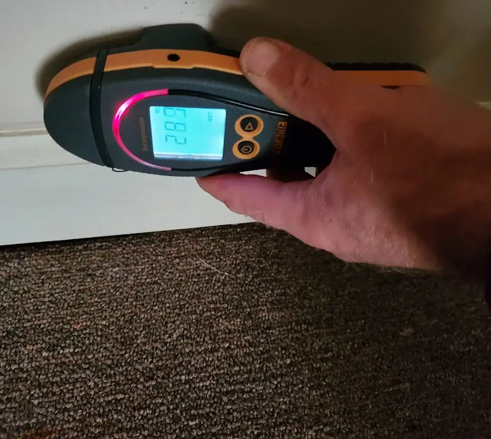 Moisture detection at baseboard during Storm Damage Restoration in Clairton